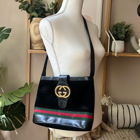 Gucci Handbags - Authentic Vintage black suede Gucci stripe logo GH shoulder bag